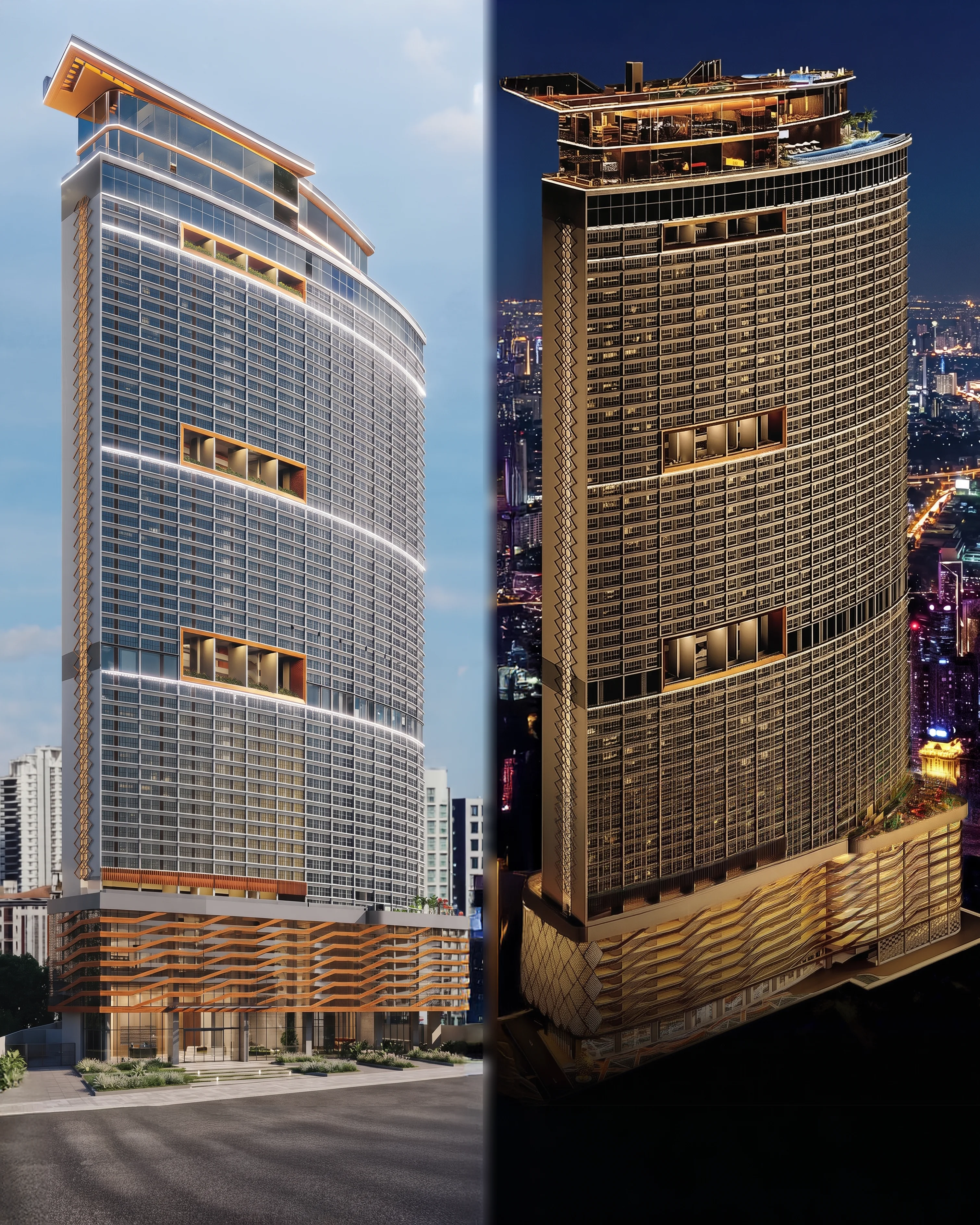 KL360 tower exterior, day ground-level and night aerial view