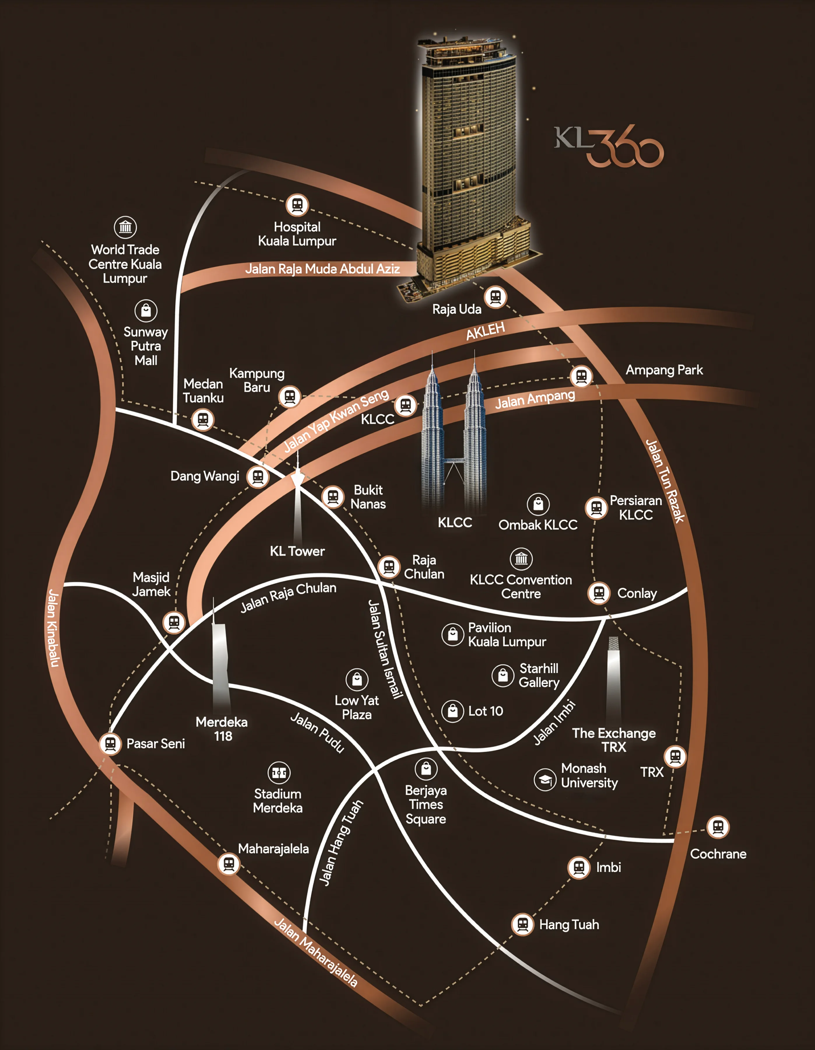 KL360 location map showing Raja Uda MRT, KLCC and surrounding Kuala Lumpur landmarks