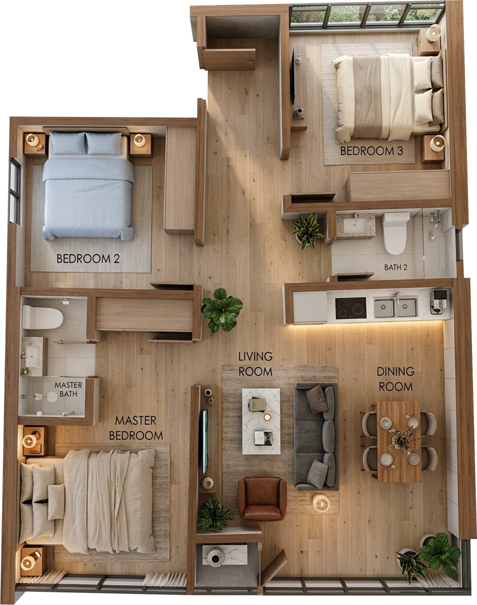 Type A1 floor plan &mdash; 872 sqft, 3 bedroom / 2 bathroom