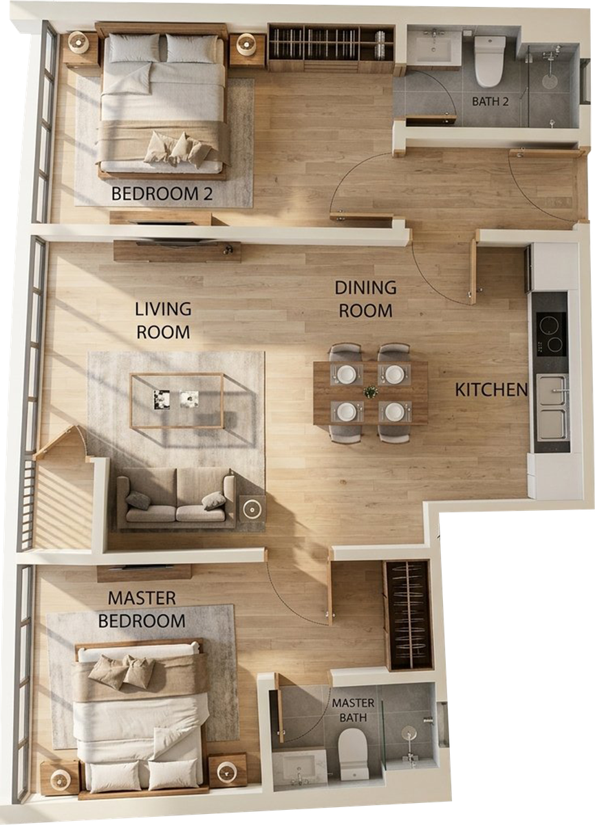 Type C floor plan &mdash; 711 sqft, 2 bedroom / 2 bathroom dual key