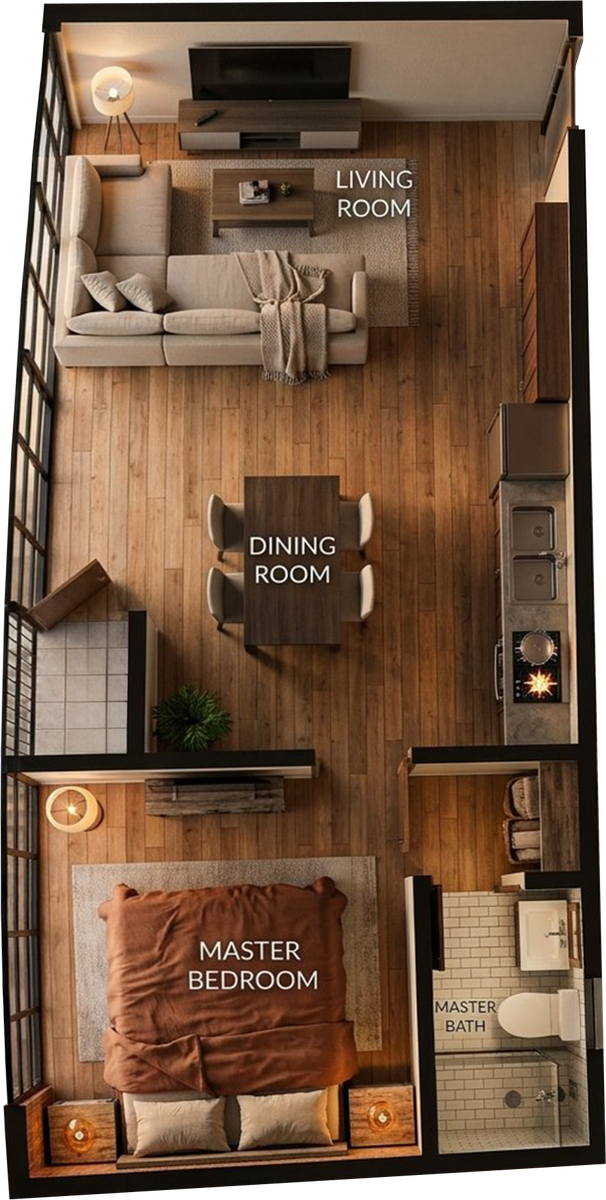 Type E floor plan — 512 sqft, 1 bedroom / 1 bathroom