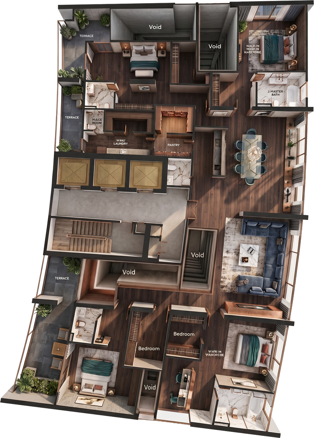 A KL360 penthouse floor plan, showing bedrooms, walk-in wardrobes, a maid's room, pantry, and terraces